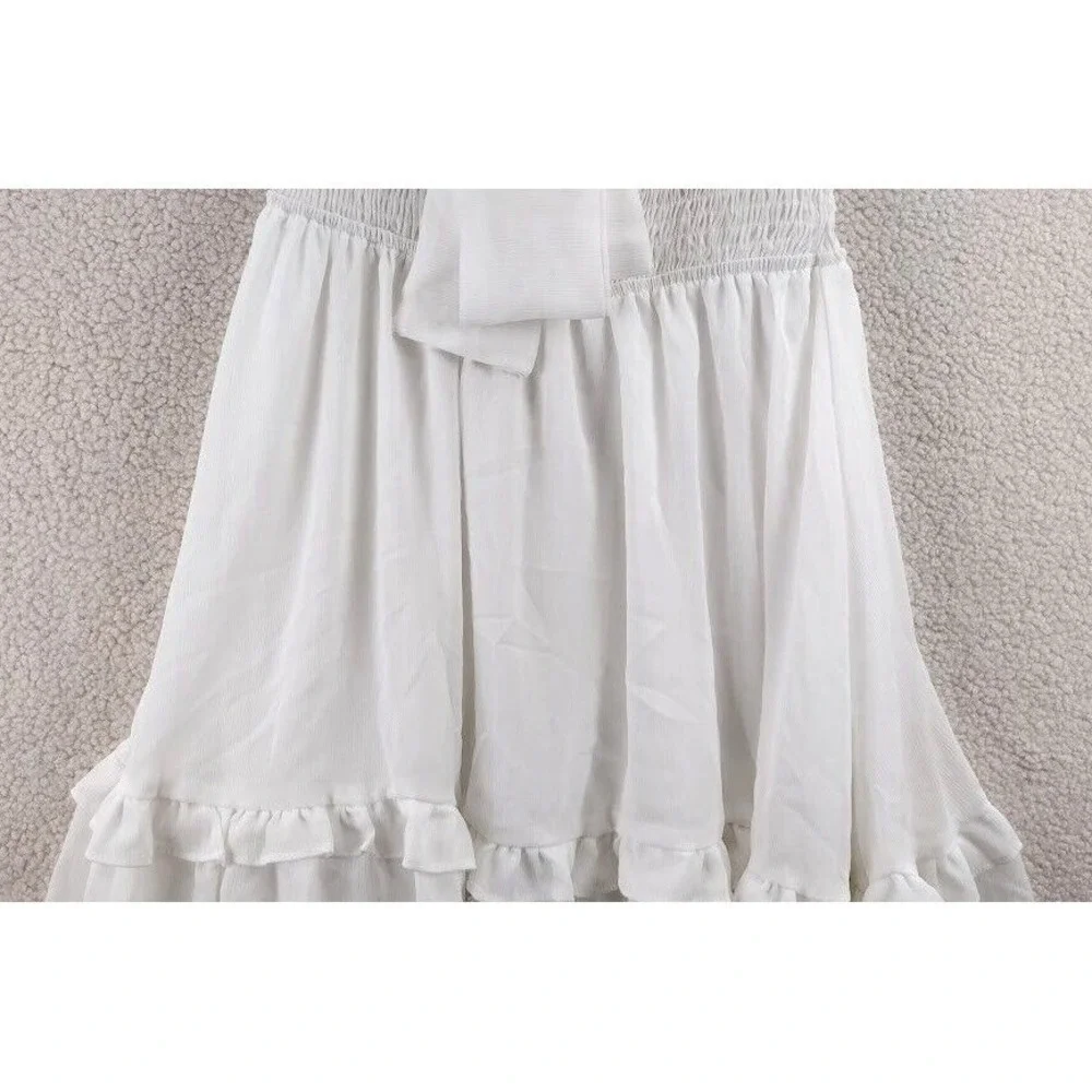 Cottagecore Puff Sleeve Tie Front Ruffle Mini Dress Smocked Waist Womens S White